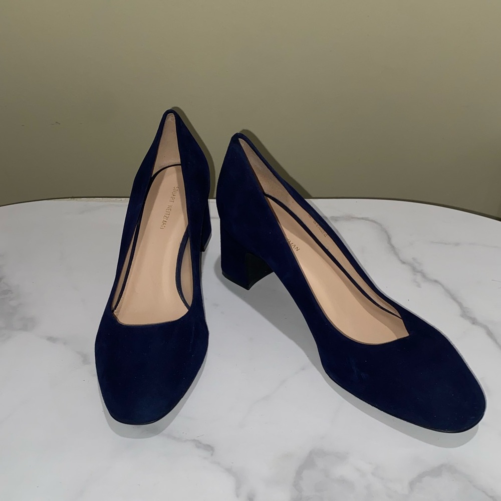 Stuart Weitzman Navy Blue Suede Block Heels – Size 9